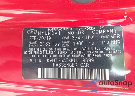 2019 Hyundai Veloster 2.0 из США, поврежденный, VIN KMHTG6AFXKU019399